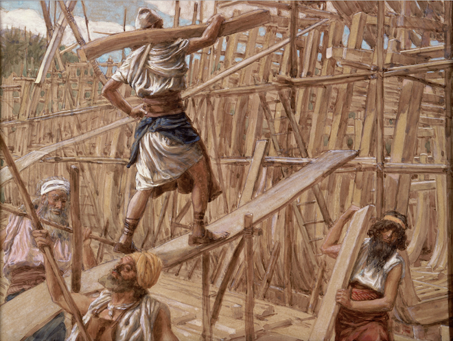 Painting by Tissot of the hard labor involved in building the Ark