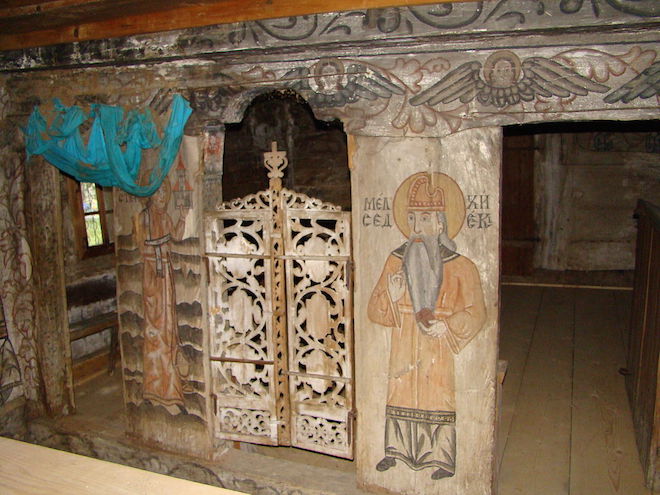 An image of Melchizedek painted onto the altar side near the Royal Doors at Libotin wooden church, Maramureş County, Romania