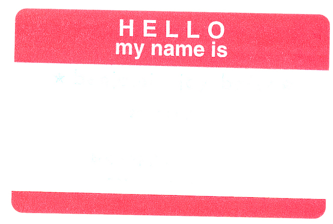 Nametag reading "Hello, my name is..."