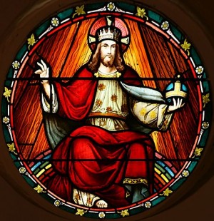 Stained glass panel in the transept of St. John's Anglican Church, Ashfield, New South Wales (NSW). This scene illustrates Jesus reigning as King on high. The window is approximately 1m in diameter.