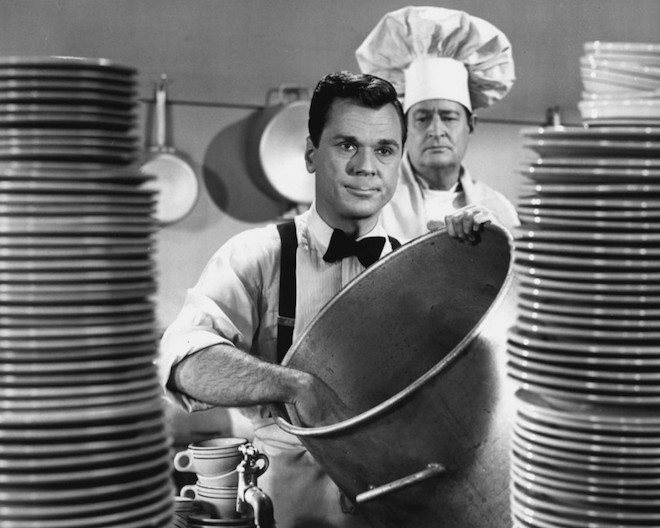 Image of Jackie Cooper's character washing dishes from The People's Choice, 1955.