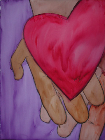 Painting of heart in hands titled "Take My Heart" by Gwen Meharg