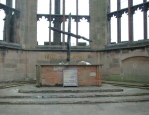 The Charred Cross of Coventry Cathedral in England.
