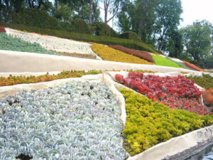 Landscape in Storybook Land at Disneyland resembling a patchwork quilt.