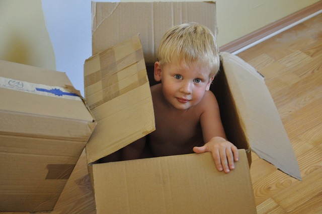 Little boy playing in/with a cardboard box.