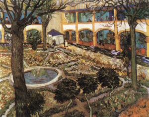 gården på hospitalet i Arles. Vincent van Gogh. April 1889, Arles. Olie på lærred, 73 * 92 cm. Oskar Reinhart Samling, Vintertur. www.wga.hu