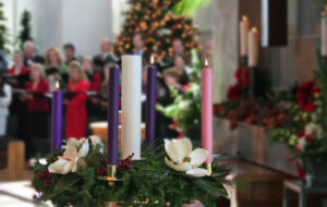 The Advent wreath at Irvine Presbyterian Church, with three of the four candles lit
