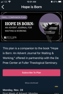 A screen shot of the Hope is Born playlist on Dwell Scripture listening app