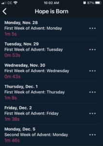 A screenshot of the Hope is Born Scripture listening plan in the Dwell app