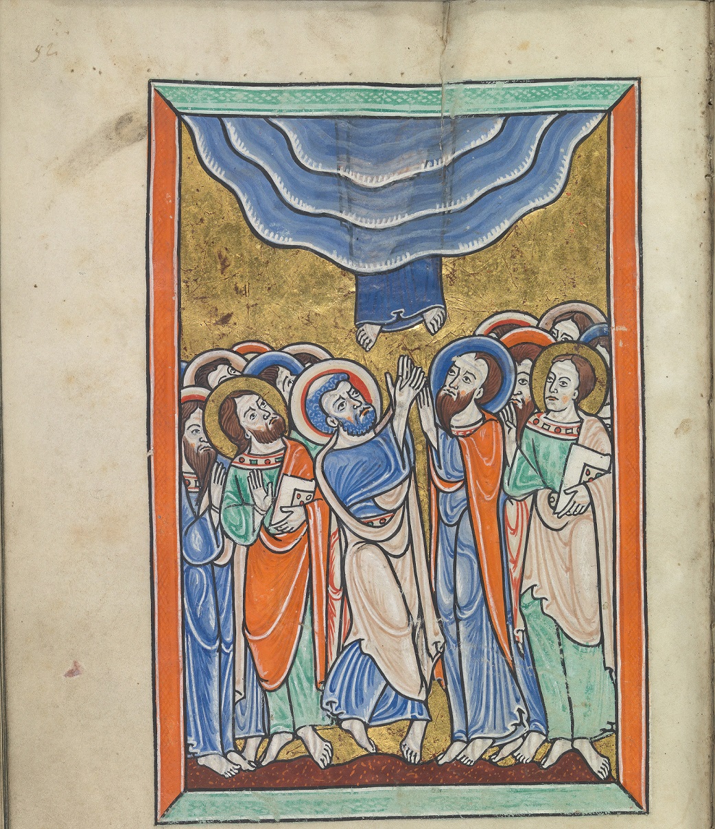 Images from the life of Christ - The Ascension, Christ ascends into heaven above the apostles - Psalter of Eleanor of Aquitaine (ca. 1185) - KB 76 F 13, folium 026v